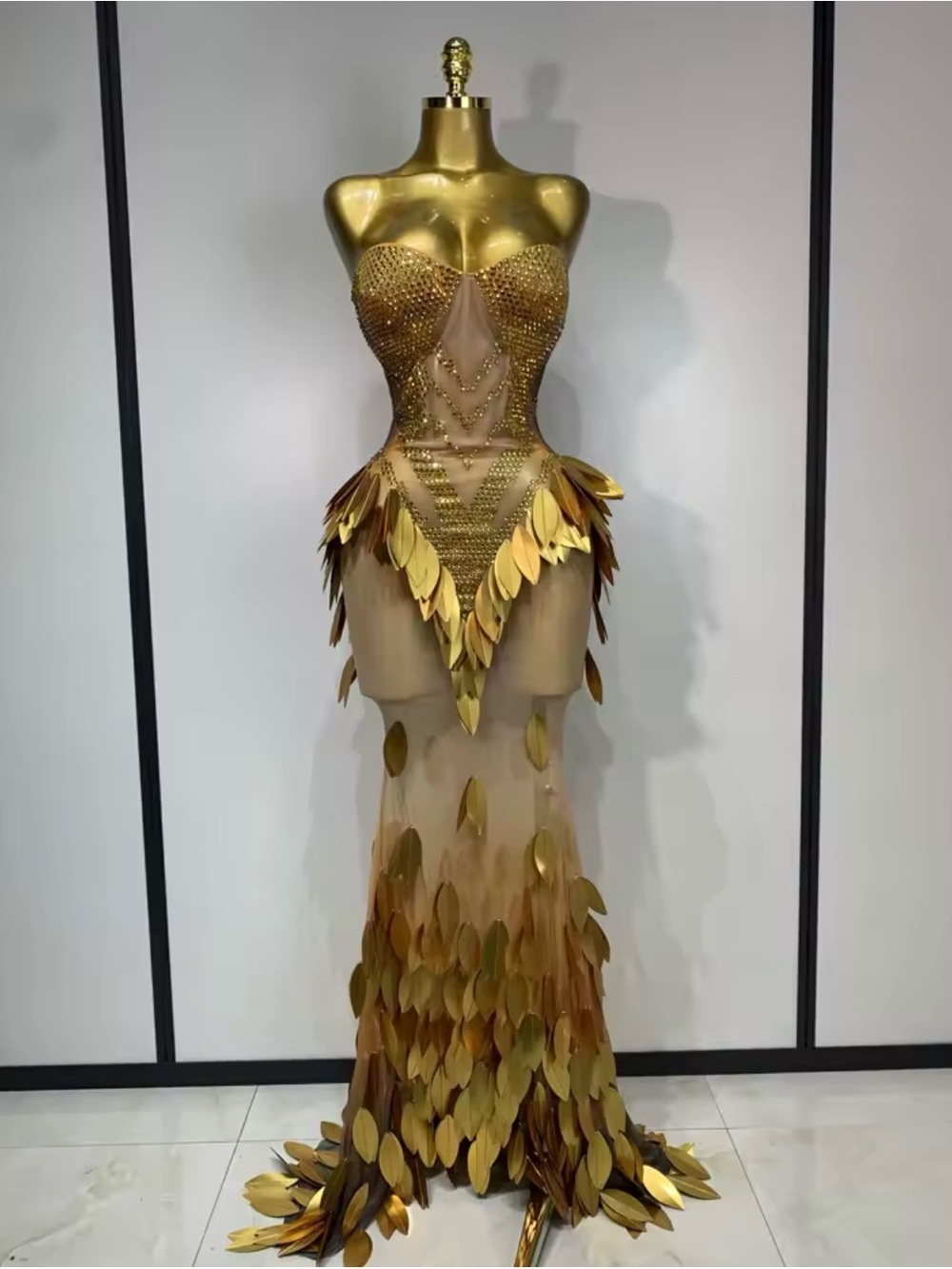 Gold Embellished Evening Gown - Sheer Mermaid Dress